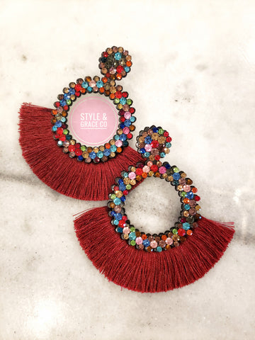 Party Sparkle Tassel Earrings Wine - Style & Grace Co