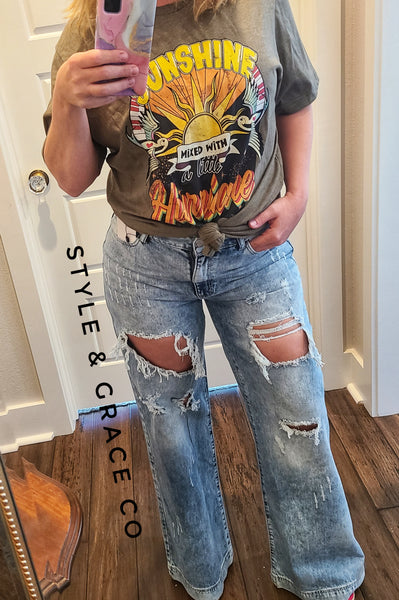 Uniq Distresed Wide Leg Boyfriend Jean - Style & Grace Co