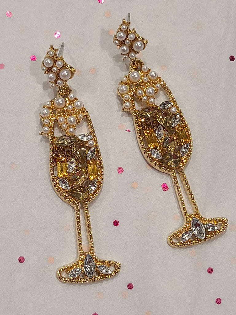 champagne bottle earrings, pop the bubbly, bottle earrings, holiday earrings, rhinestone earrings
