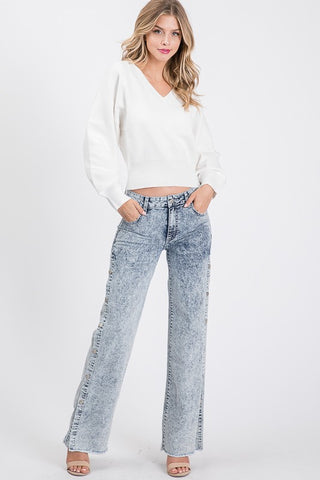 Karly Acid Wash Button Side Jeans - Style & Grace Co