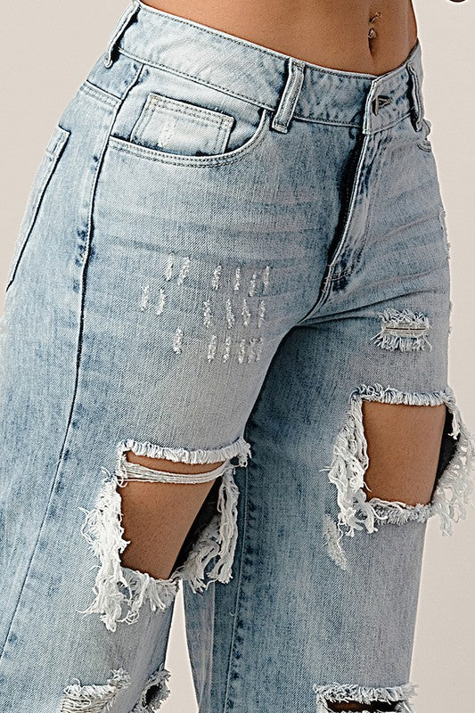 Uniq Distresed Wide Leg Boyfriend Jean - Style & Grace Co